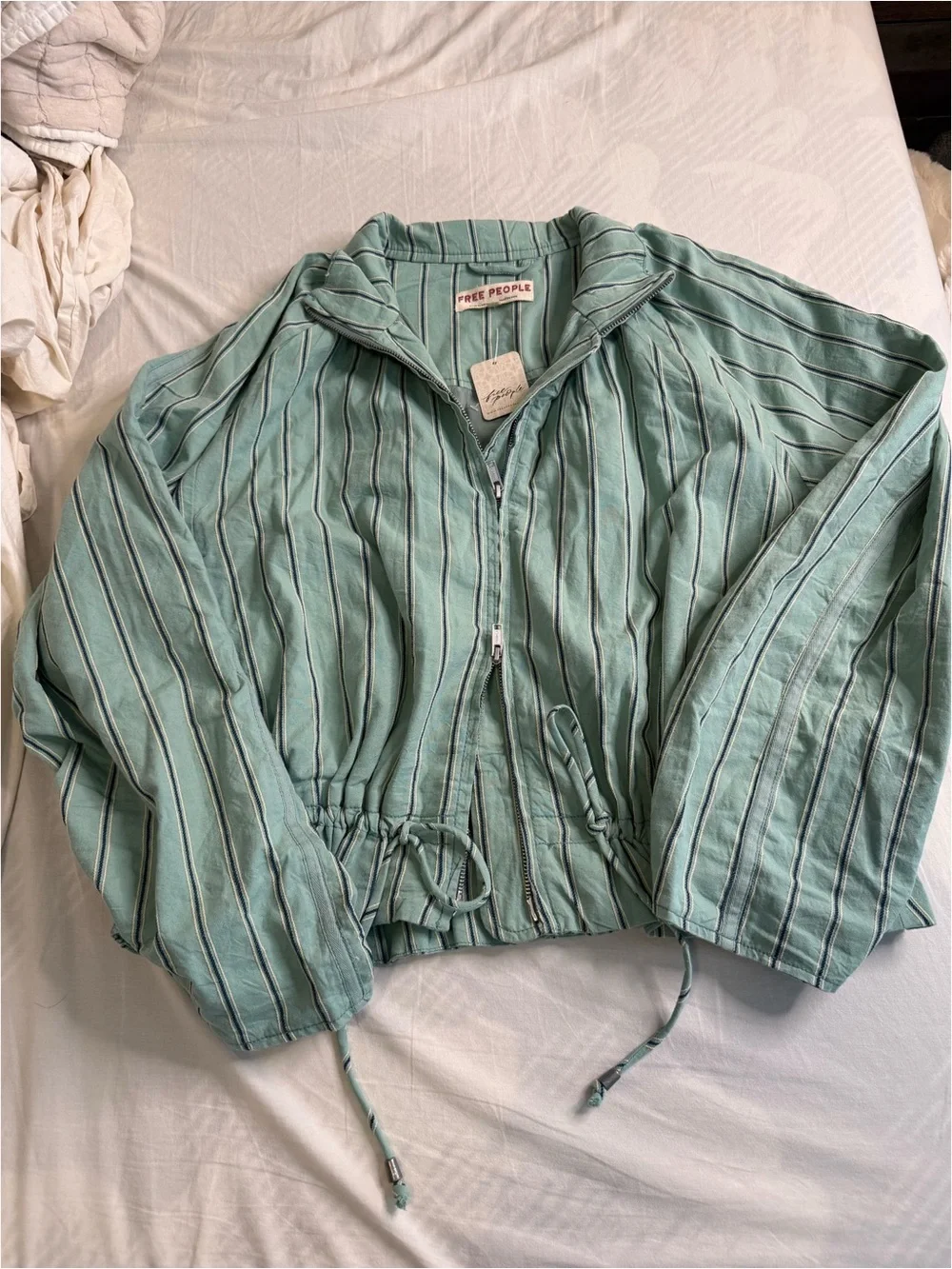 Striped Mint Green Zip-Front Women's Jacket